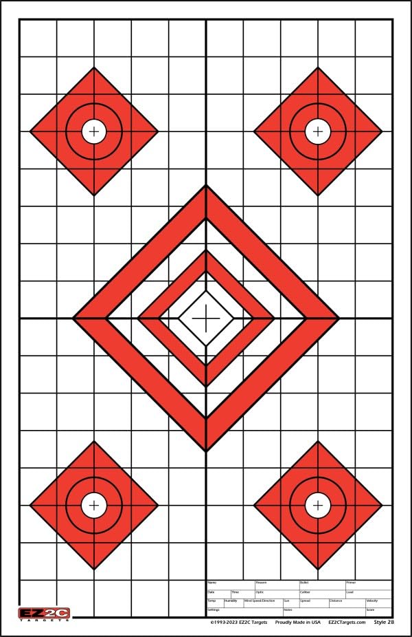 Load image into Gallery viewer, 25 EZ2C Targets Style 28: Five Diamonds. Pad of 25 Paper Shooting Targets 11”x17” USA MADE