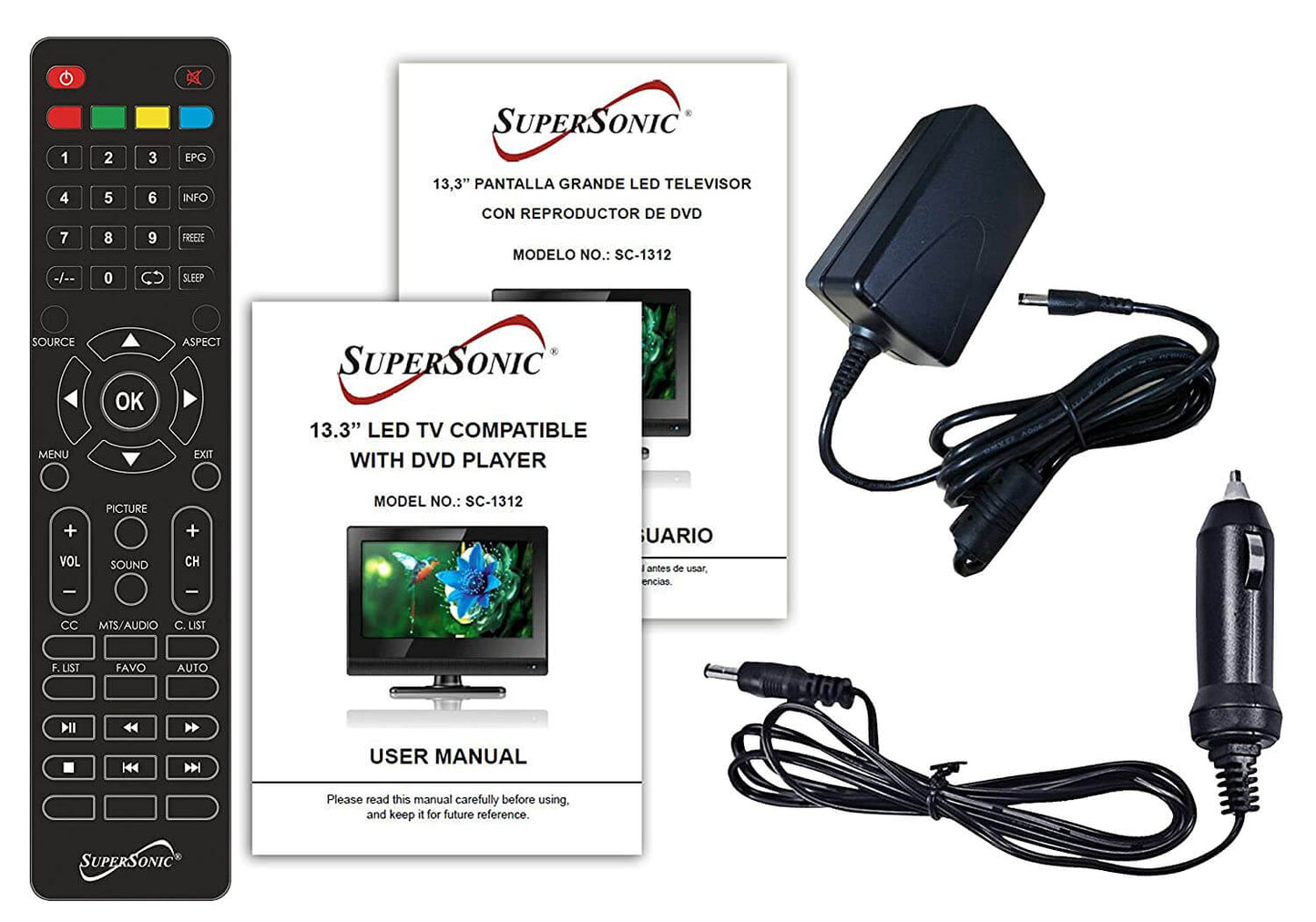 Supersonic 13.3" 12 Volt AC/DC LED HDTV with DVD Player, USB, SD Card Reader and HDMI (SC-1312)