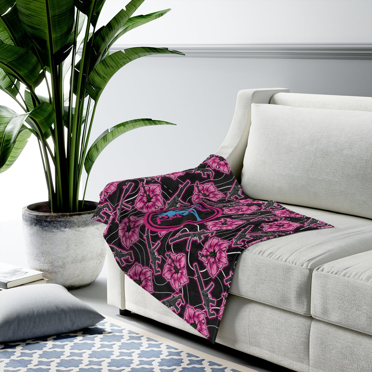Rad Palm High Capacity Hibiscus Black Neon Velveteen Plush Blanket
