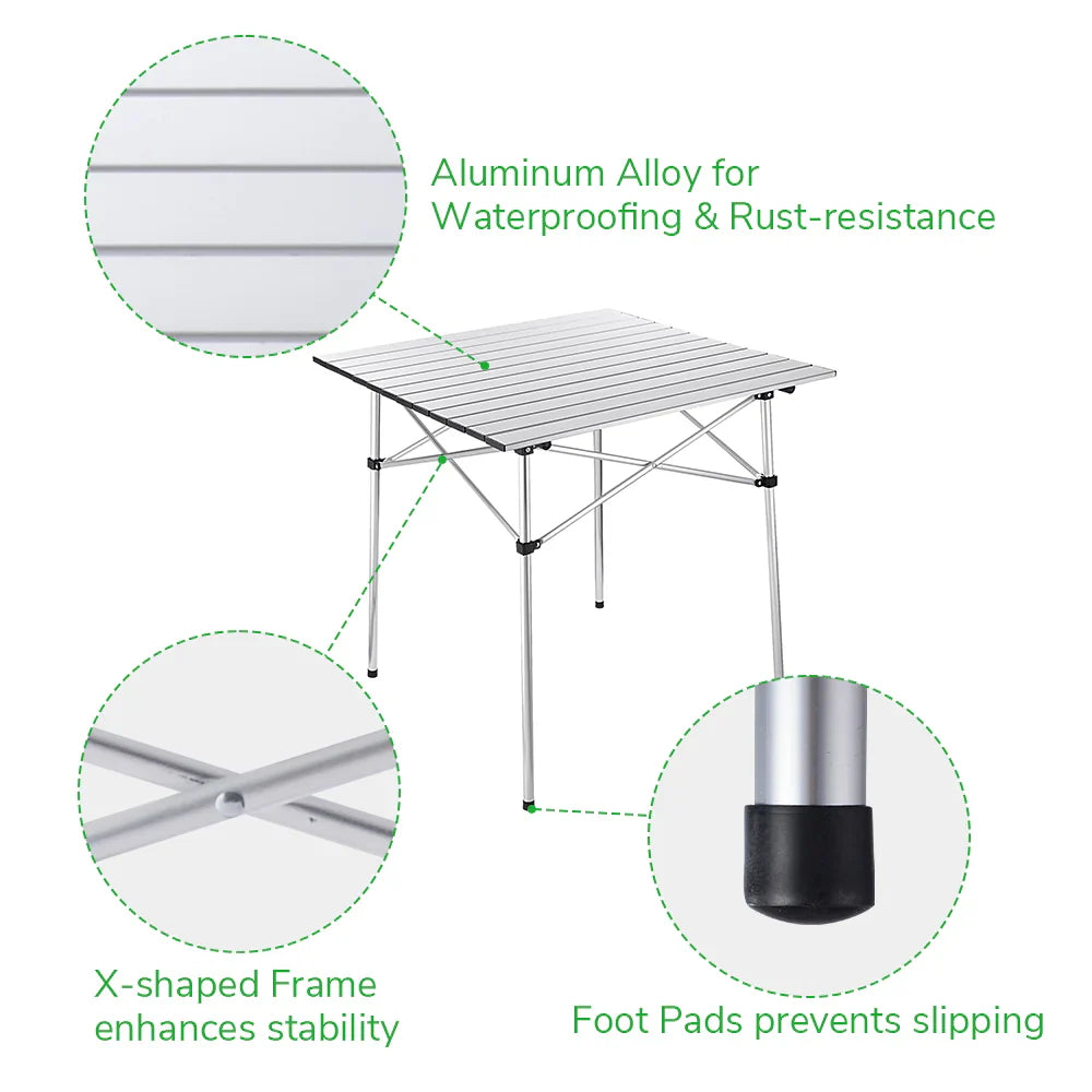 Easy Roll Aluminum Camping & Picnic Table (27x27.5in) - Heavy Duty