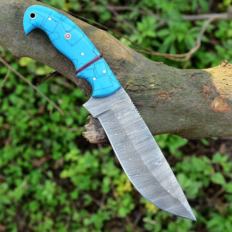 Load image into Gallery viewer, Custom Handmade Damascus Steel Hunting Knife – 10-Inch Blade with Resin Handle, Includes Leather Sheath
