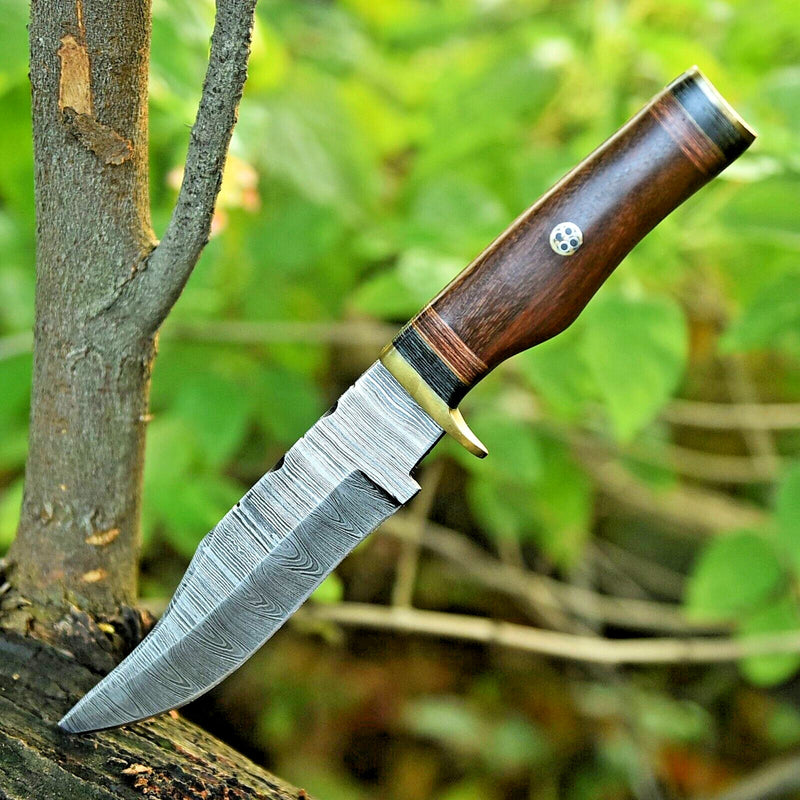 Load image into Gallery viewer, Damascus Steel Hunting Knife – 10" Blade with Brass Guard & Resin Pakkawood Handle, Leather Sheath Included