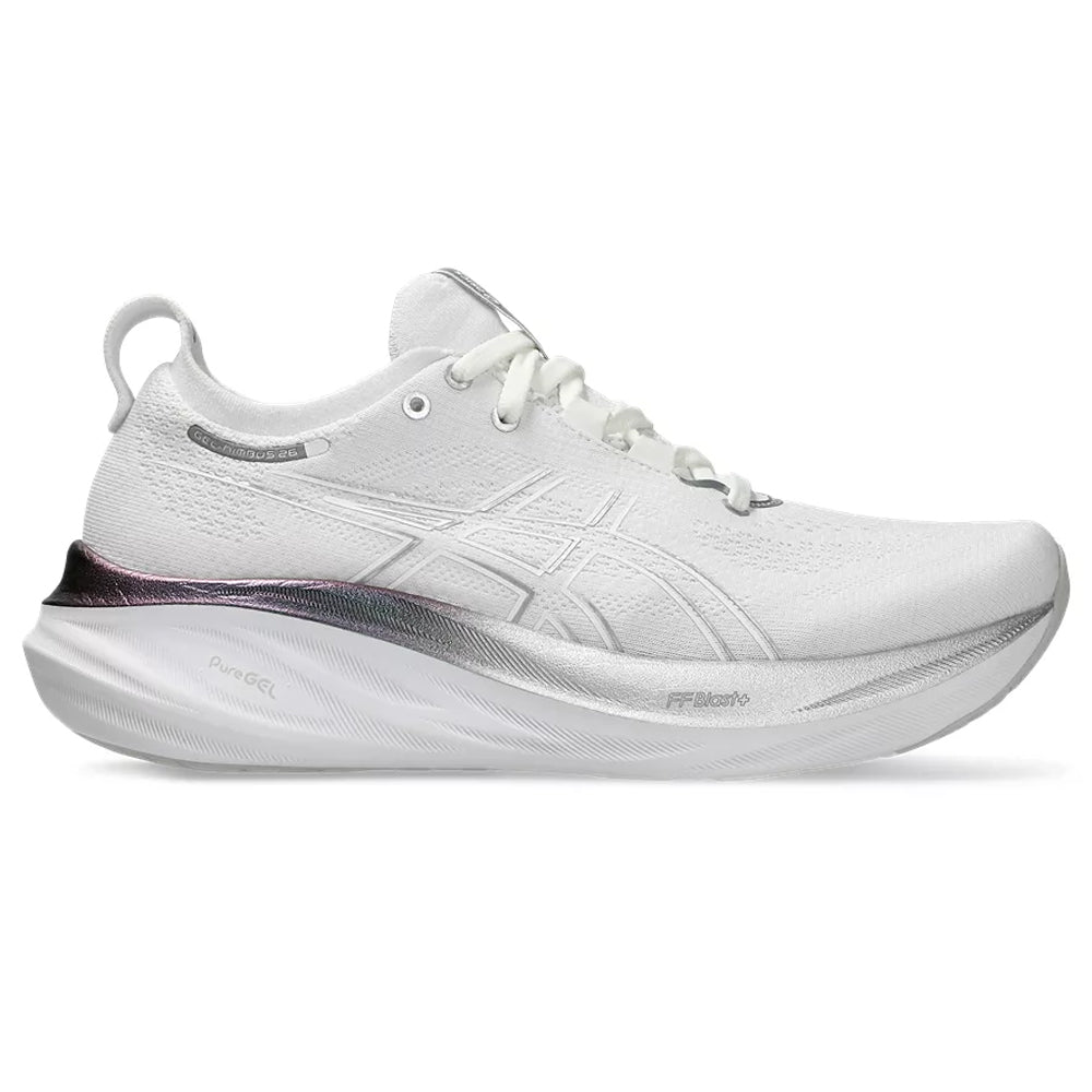 Women's Asics GEL-Nimbus 26 Platinum, Real White/Pure Silver, 12 B Medium - Skoutley Outdoors LLC