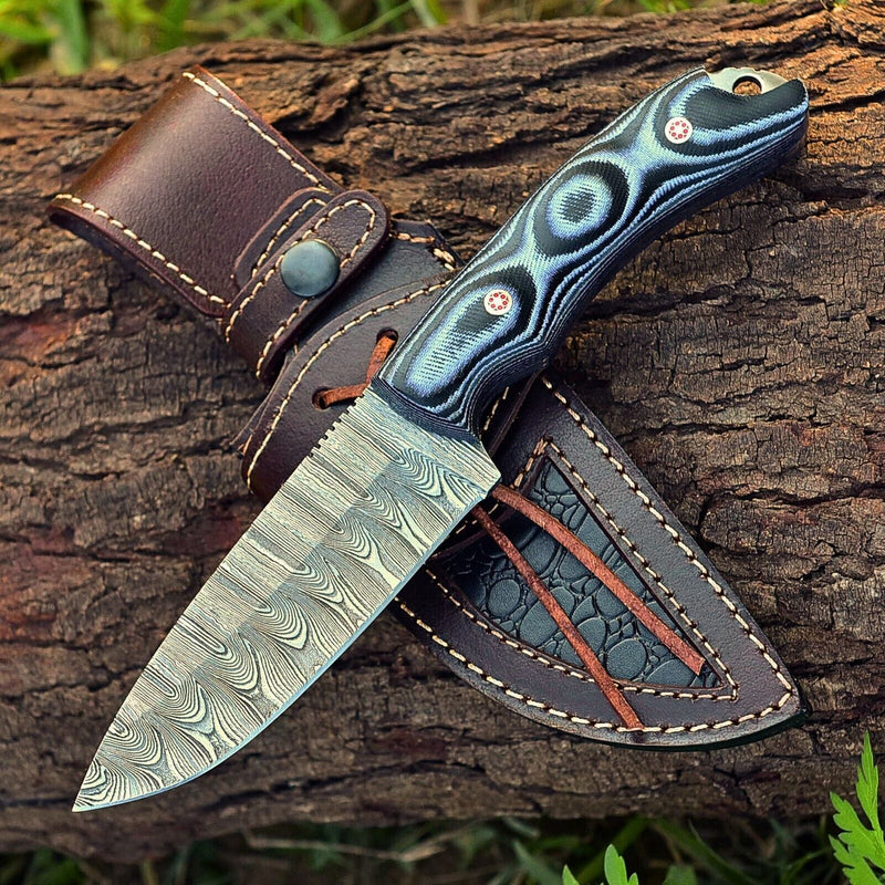 Load image into Gallery viewer, Custom Handmade 9" Damascus Steel Hunting Knife with G10 Handle & Leather Sheath
