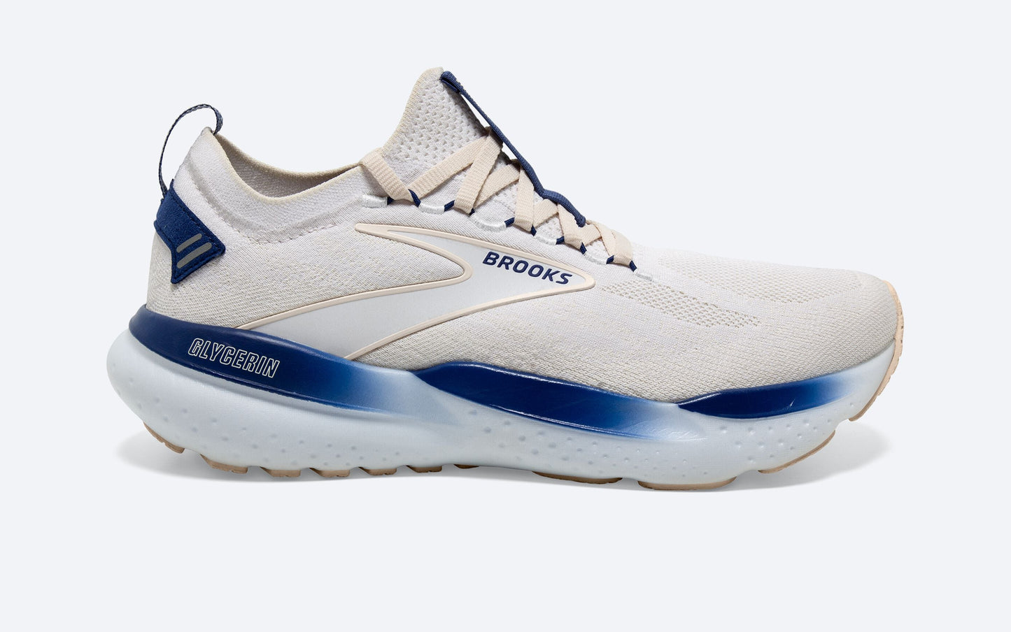 Men's Brooks Glycerin StealthFit 21, White/Marshmallow/Blue, 10.5 D Medium - Skoutley Outdoors LLC