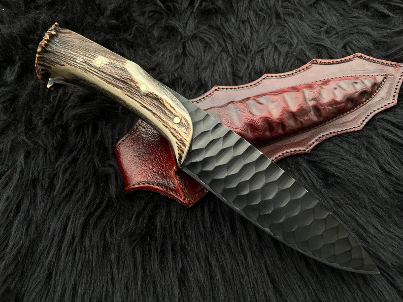 Load image into Gallery viewer, Custom Forged 1095 High Carbon Steel Hunting Knife – 12” Antler Horn Handle with Leather Sheath