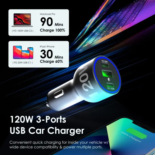 Load image into Gallery viewer, Rexing 120W USB C Triple Port Car Charger with Cable Included