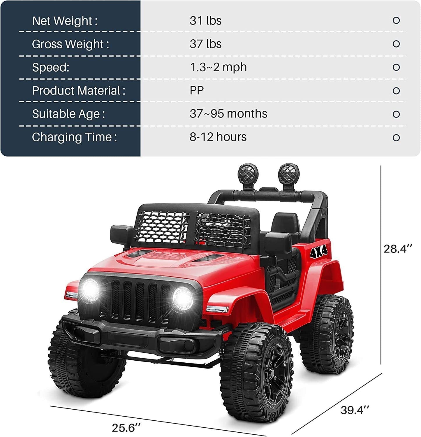 12V 2-Seater Electric Ride-On Car with LED Lights, MP3 Player, and Remote Control for Kids