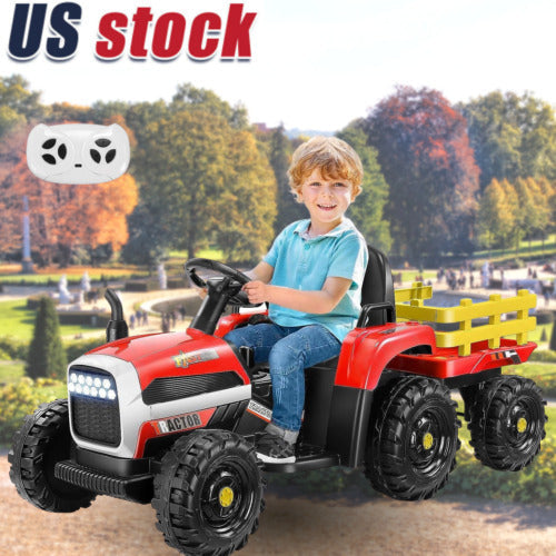 12V Electric Ride-On Tractor for Kids with Trailer Attachment by Hikole