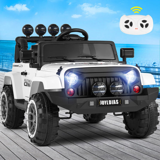 12V Electric Ride On Truck for Kids with Storage, LED Lights, MP3 Player, Bluetooth, and Remote Control - White