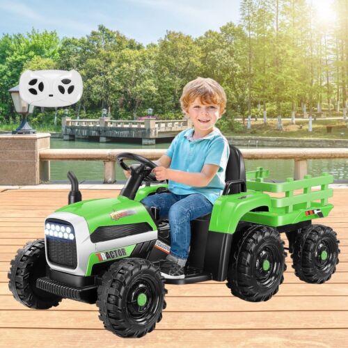 12V Electric Tractor Ride-On Toy Car with Trailer for Kids - Green