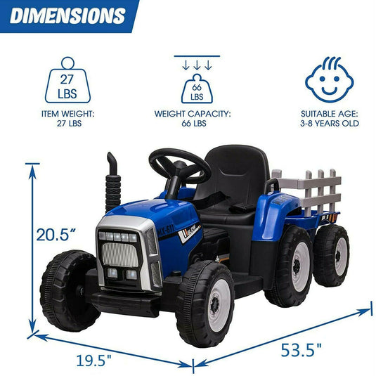 12V Electric Tractor Ride-On Toy with Trailer for Kids