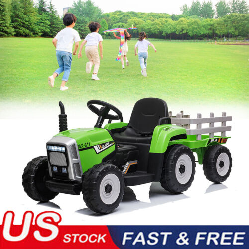 12V Kids Ride-On Tractor Car with Trailer and LED Lights - Battery Powered Toy Truck