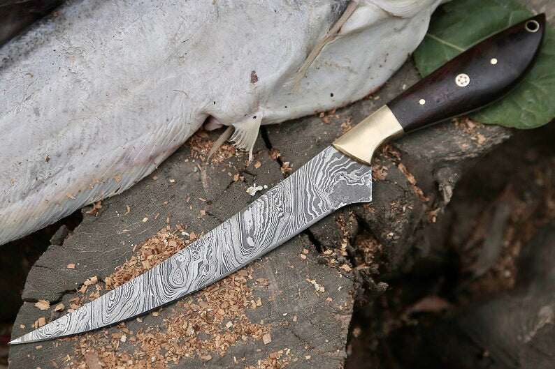 Load image into Gallery viewer, Damascus Fillet Knife – 13" Rosewood Handle & Leather Sheath