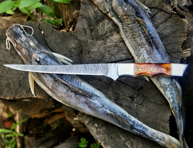 Load image into Gallery viewer, Custom Handmade Damascus Filleting Knife – 13" Camel Bone Handle with Leather Sheath
