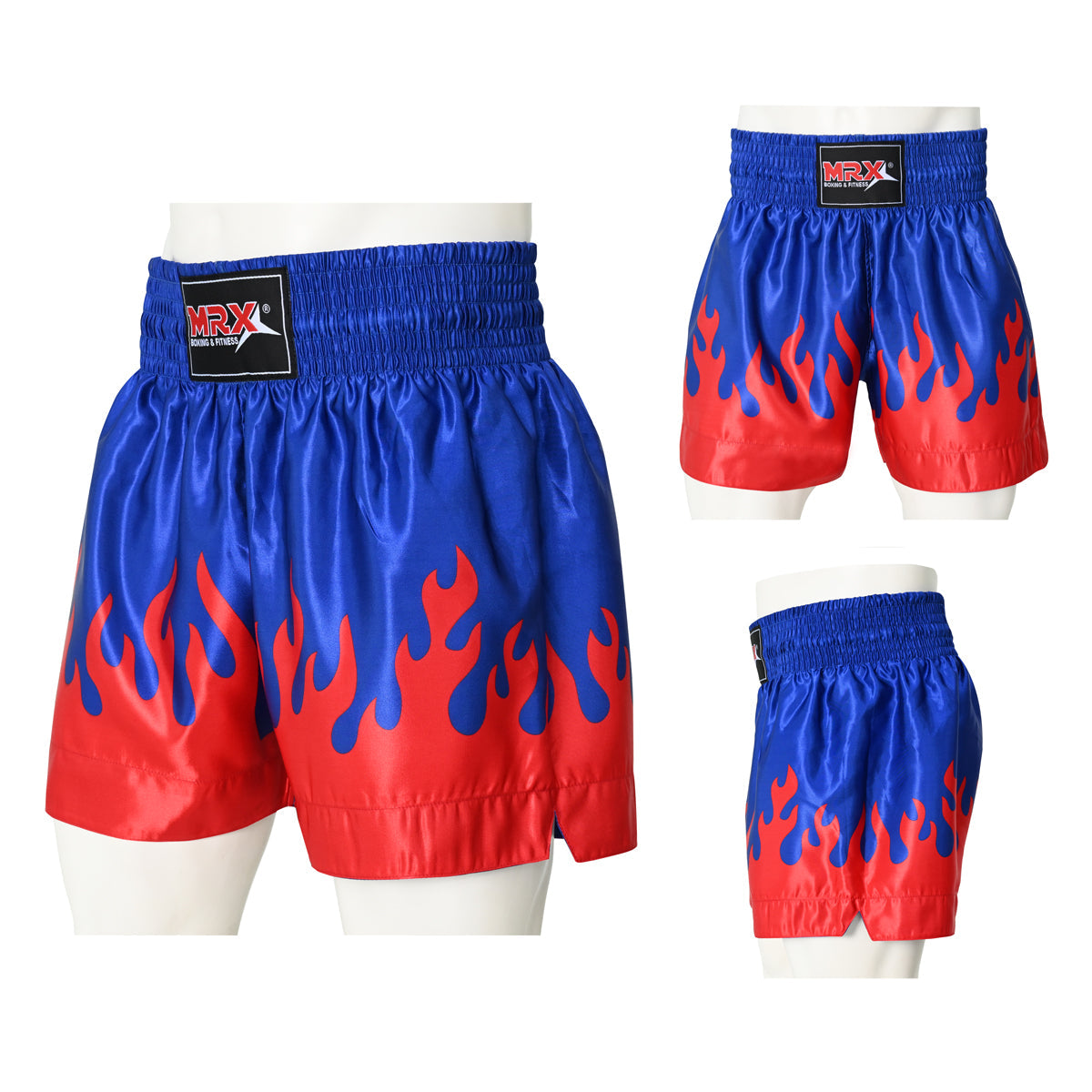 MRX Mens Womens Muay Thai Shorts Kickboxing Fighting Shorts Blue Black Red Flame