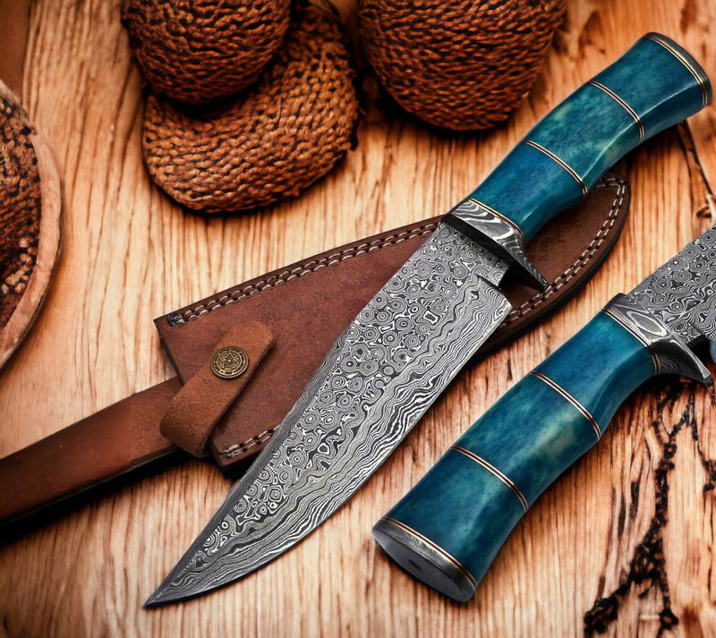 Load image into Gallery viewer, Custom Handmade 13" Damascus Steel Confederate Civil War Bowie Knife with Camel Bone Handle and Leather Sheath