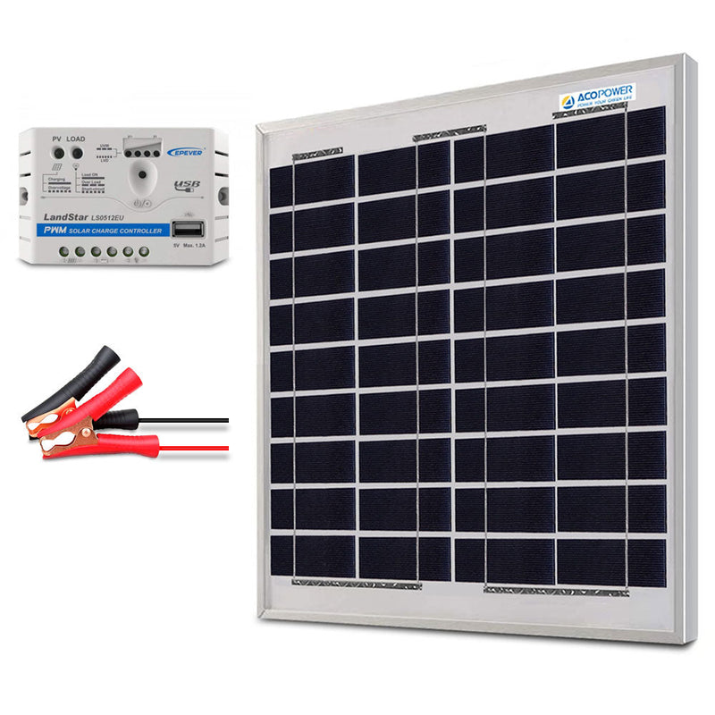 Load image into Gallery viewer, ACOPower 15W 12V Solar Charger Kit, 5A Charge Controller with Alligator Clips