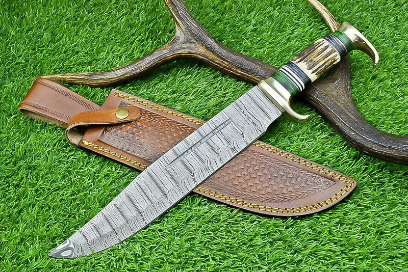 Load image into Gallery viewer, Custom Handmade Damascus Steel Bowie Knife with Stag Horn Handle – 16" Blade with Leather Sheath