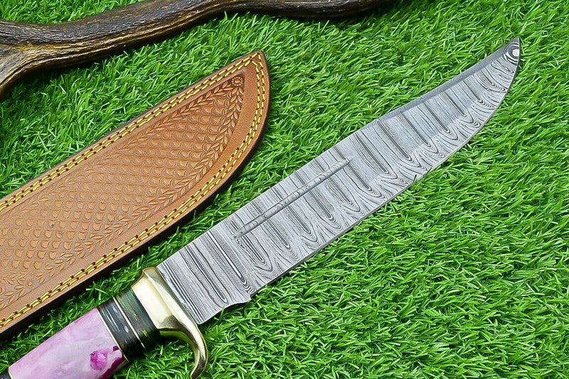 Load image into Gallery viewer, Damascus Steel "The Bowie" Knife - 16" with Brass Guard and Resin Pakkawood Handle, Leather Sheath Included