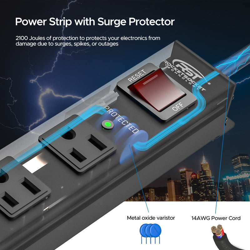 Load image into Gallery viewer, CRST 6 Outlets Wide Spaced Mountable Metal Power Strip Surge Protector, 2100 Joules Protection, Easy Mounting