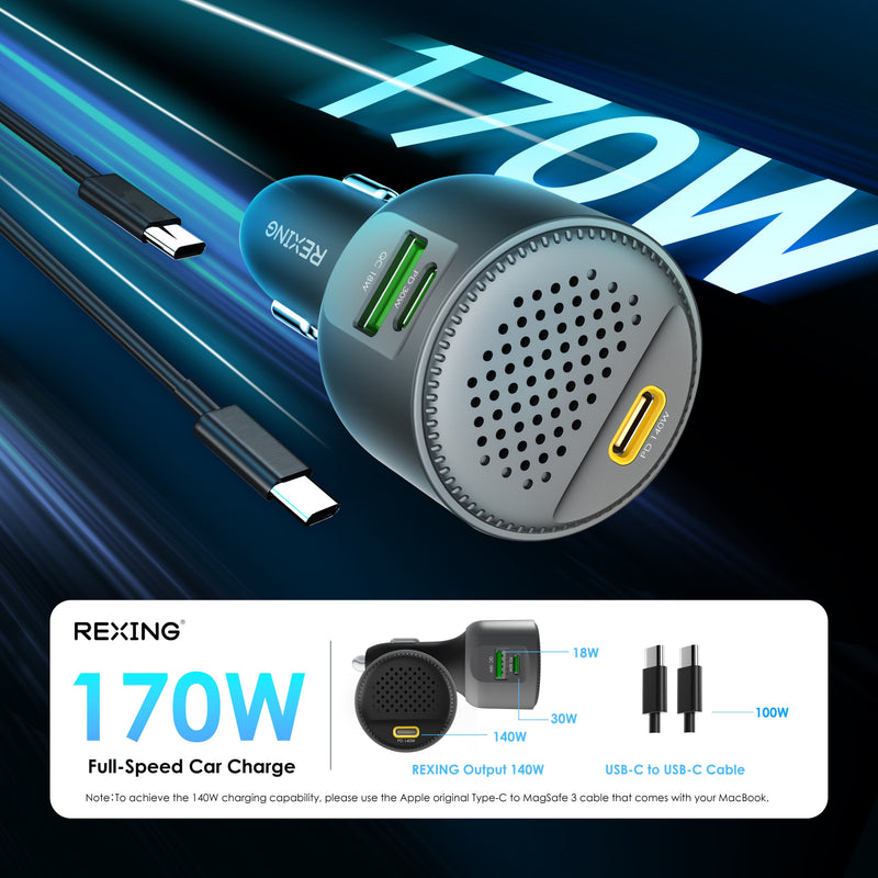 Load image into Gallery viewer, Rexing 170W 3-Port Power Adapter USB C Car Charger with 140W USB-C PD, 30W USB-C, 18W USB-A Quick Charge with Cables Included