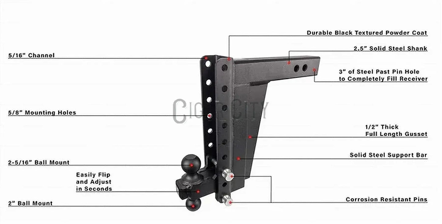 .5″ Heavy Duty 12″ Drop/Rise Hitch – Bulletproof Hitches – Adjustable Dual Ball Mount