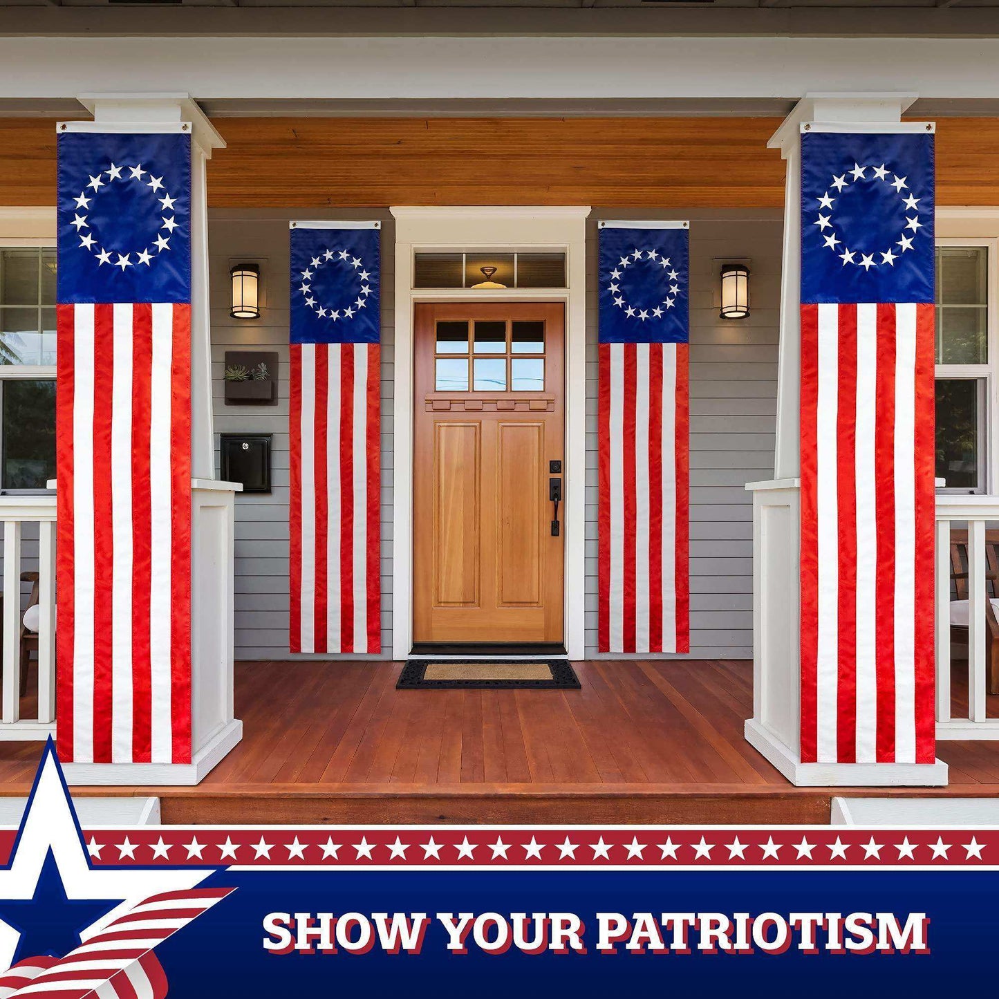 – 2 Pack: Betsy Ross American Patriotic Bunting & Flag Pulldown 13 Embroidered Stars in Circle Pattern with 5 Fully Sewn Stripes decorative bunting 20 x8' Red White Blue - Skoutley Outdoors LLC