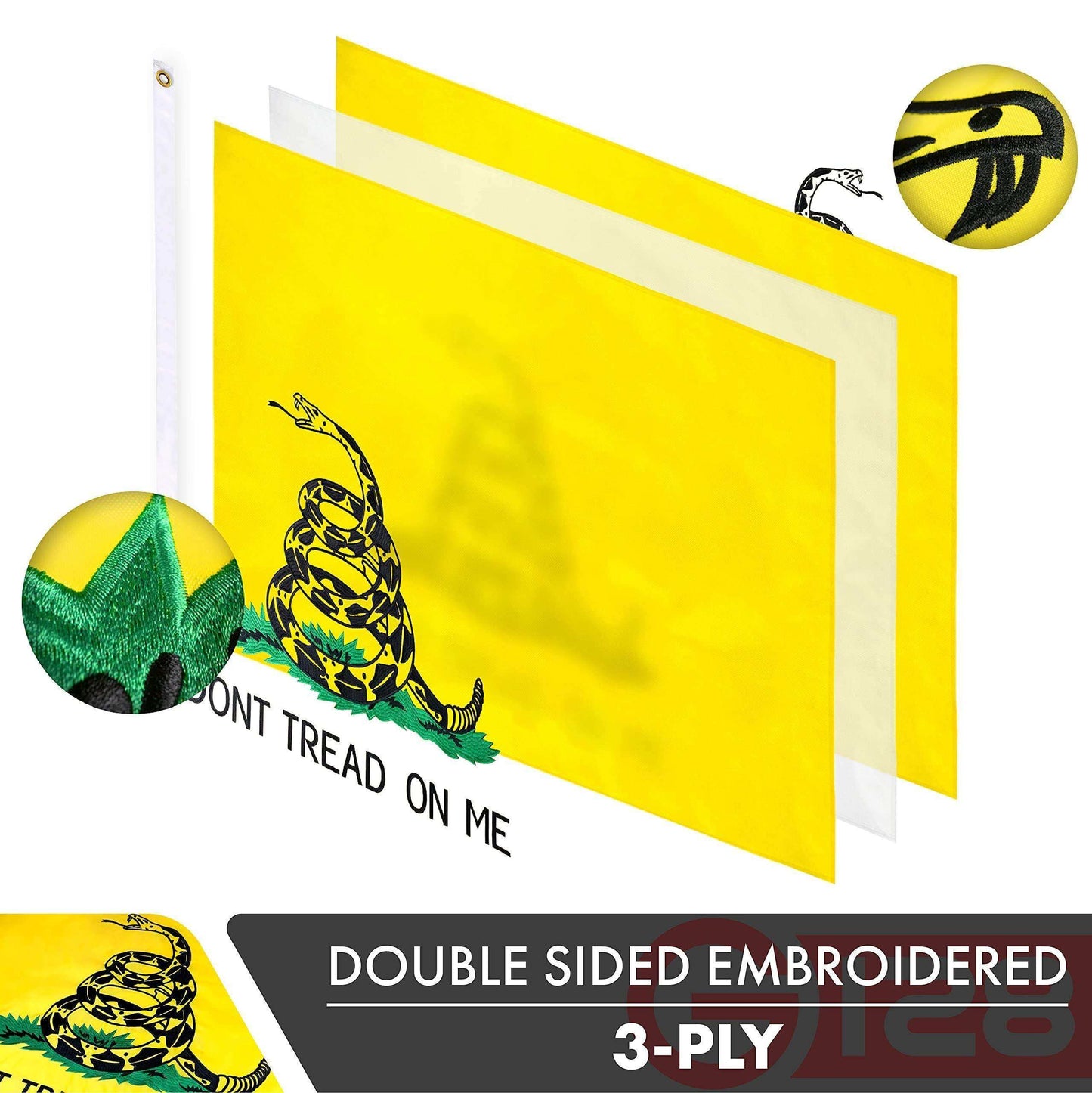 Gadsden Don't Tread On Me Flag | 3x5 Ft | Double ToughWeave Series Double Sided Embroidered 210D Polyester | Historical Flag Embroidered Design Indoor Outdoor Brass Grommets Heavy Duty 3 ply - Skoutley Outdoors LLC