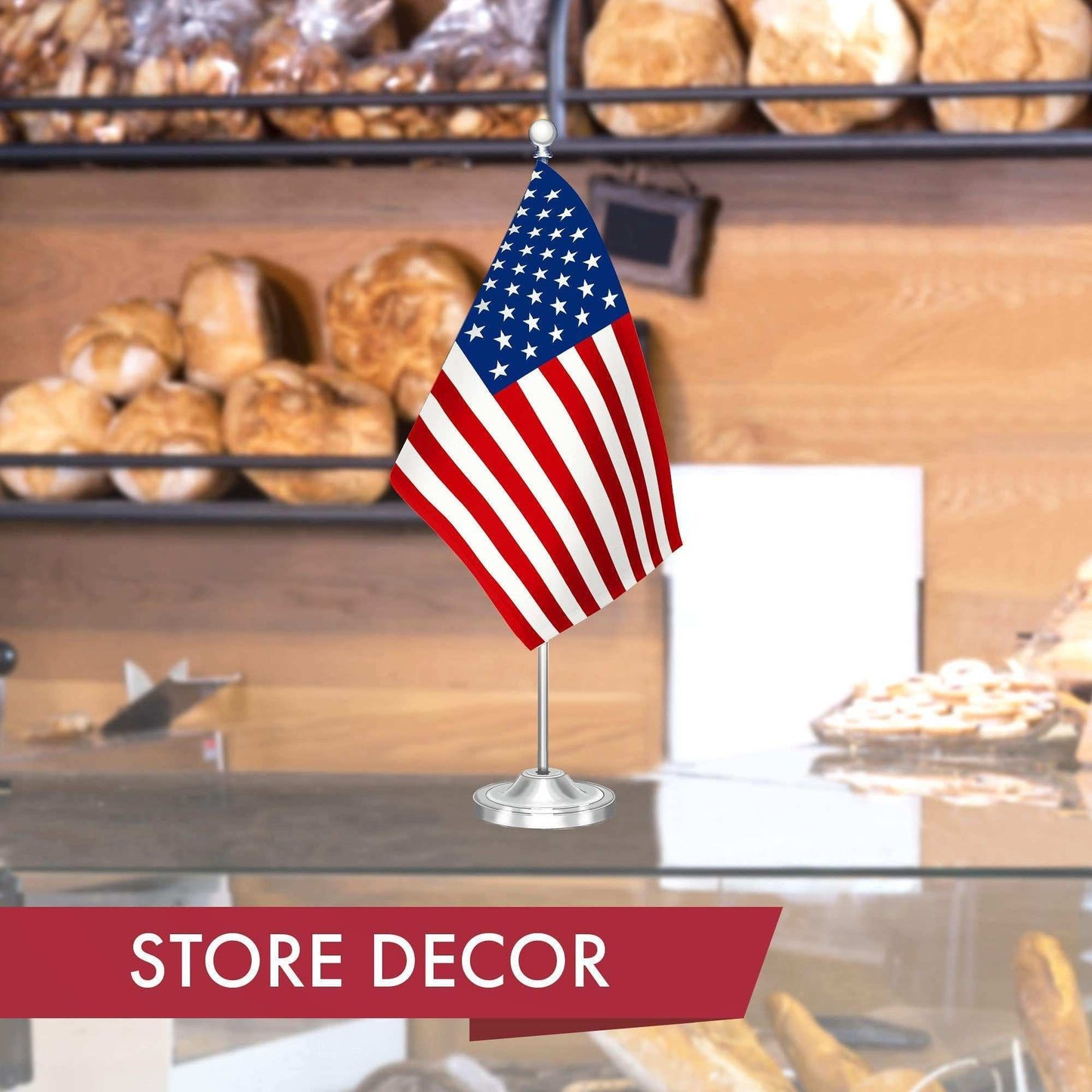 American USA Deluxe Desk Flag Set | 8.5x5.5 In | Printed 300D Polyester with Silver Dome and Base 15 Metal Pole Decorations For Office Home and Festival Events Celebration - Skoutley Outdoors LLC