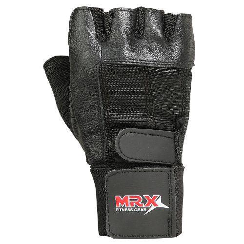 MRX Weight Lifting Gloves With Long Wrist Strap Genuine Leather Black All Sizes