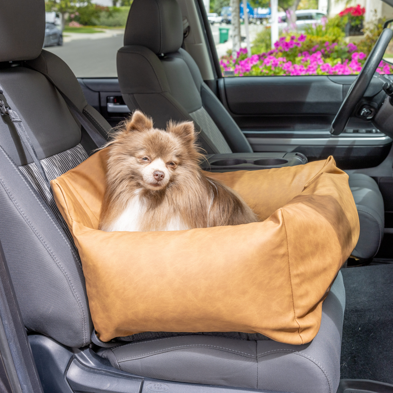 Load image into Gallery viewer, PupProtector™ Faux Cool-to-Touch Vegan Leather Memory Foam Dog Car Bed - Camel