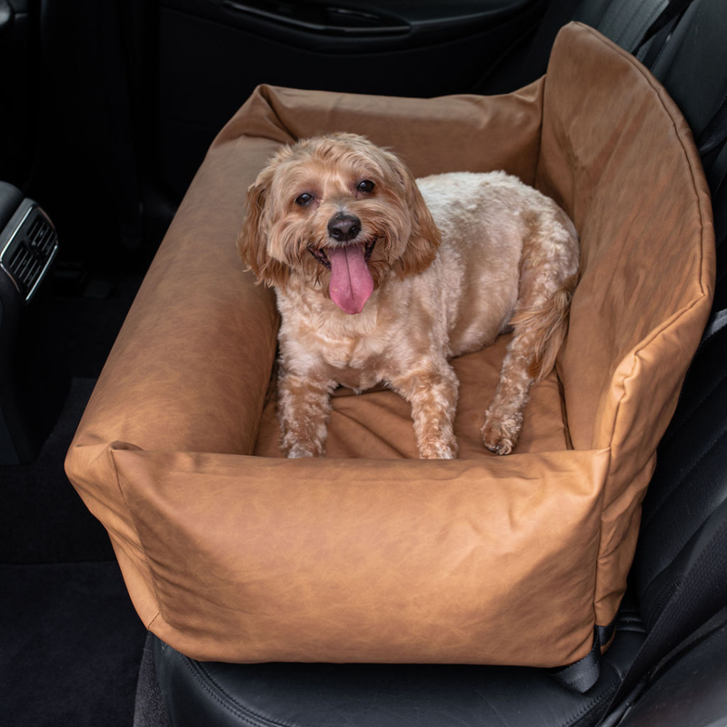 Load image into Gallery viewer, PupProtector™ Faux Cool-to-Touch Vegan Leather Memory Foam Dog Car Bed - Camel
