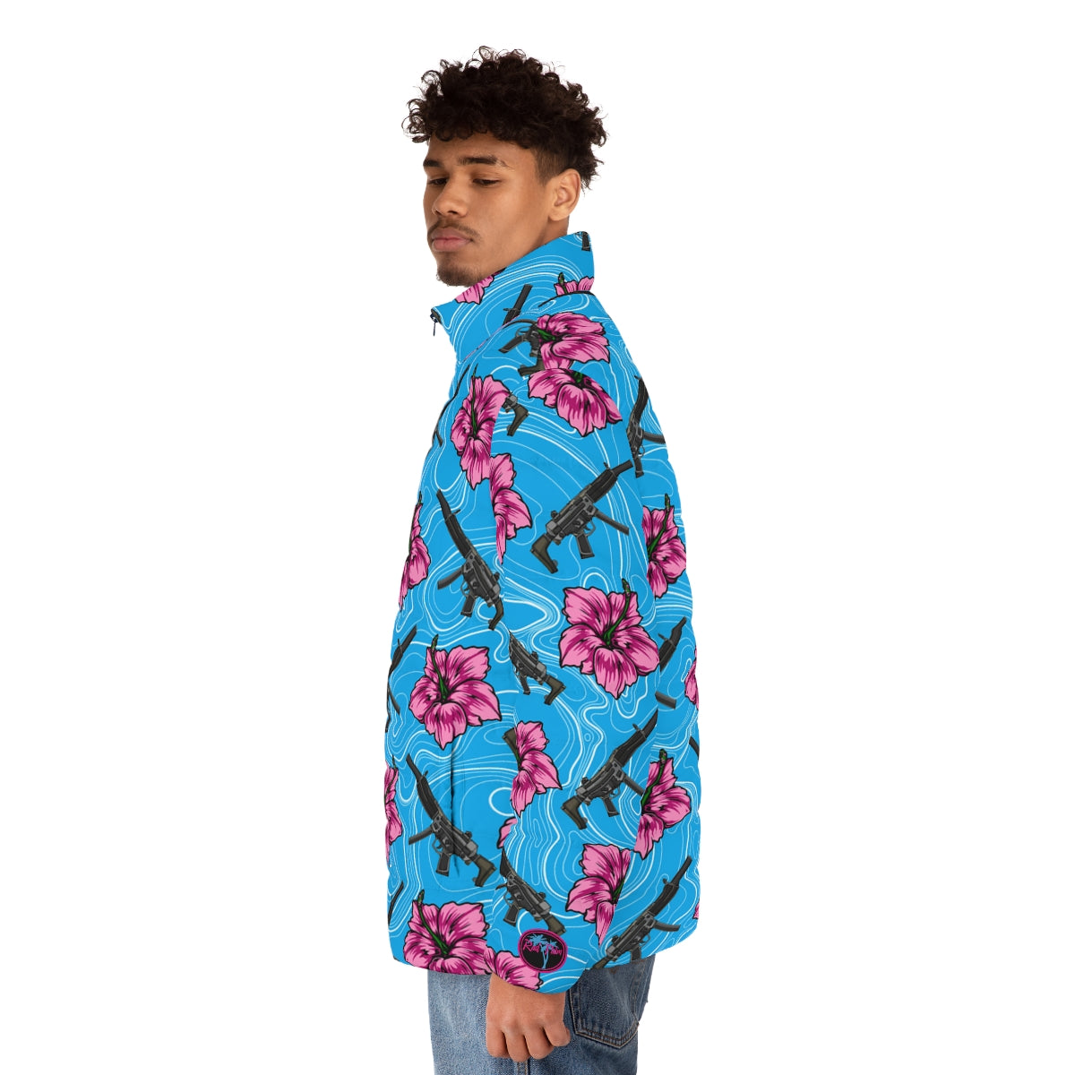 Rad Palm High Capacity Hibiscus Blue Men's Puffer Jacket