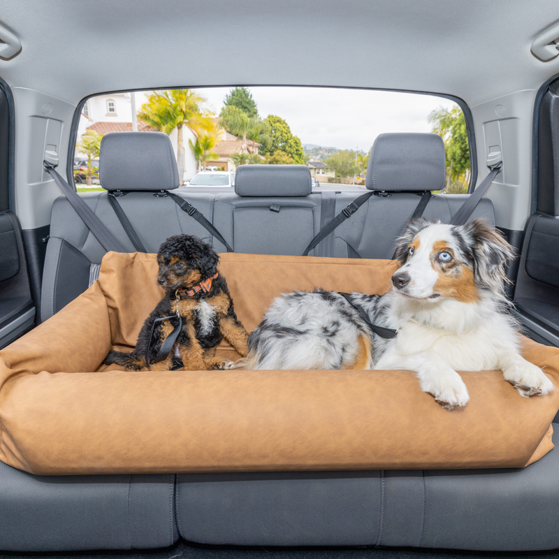 Load image into Gallery viewer, PupProtector™ Faux Cool-to-Touch Vegan Leather Memory Foam Dog Car Bed - Camel