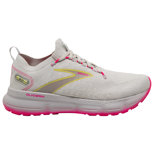 Women's Brooks Glycerin StealthFit 20, Grey/Yellow/Pink, 9.5 B Medium - Skoutley Outdoors LLC