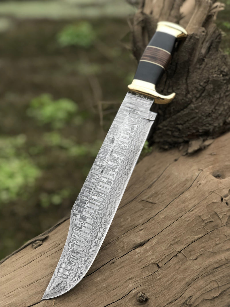 Load image into Gallery viewer, Authentic Crocodile Dundee Knife – 16” Handmade Damascus Steel Blade with Buffalo Horn or Leather Handle & Brass Guard + Leather Sheath