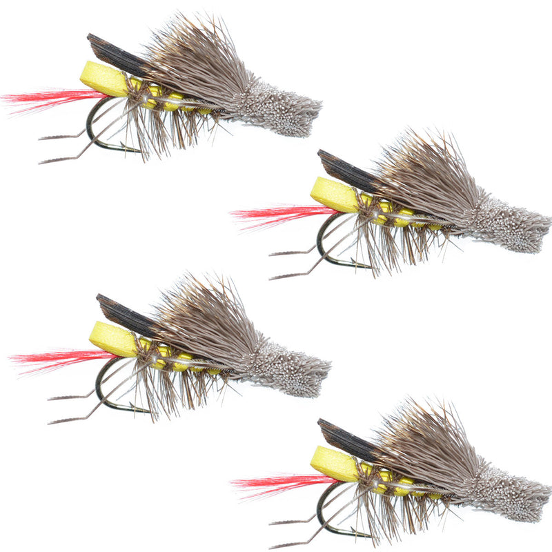 Load image into Gallery viewer, 4 Pack Daves Hopper Yellow Foam Body Grasshopper Fly - Hook Size 8