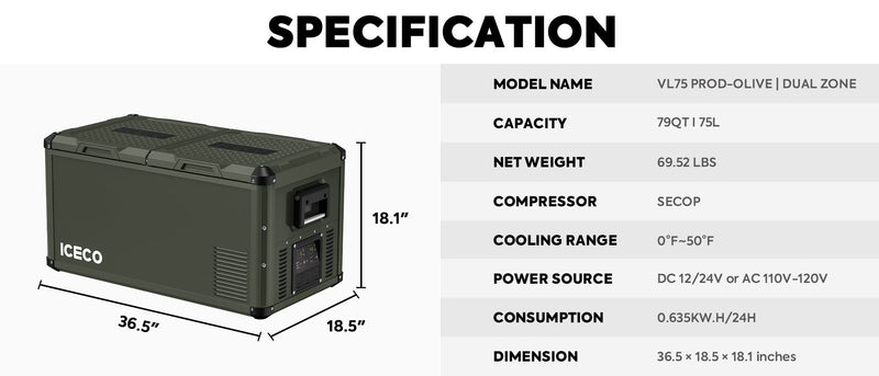 Load image into Gallery viewer, VL75ProD Olive 12V Heavy Duty Fridge Freezer | ICECO | 75 LT