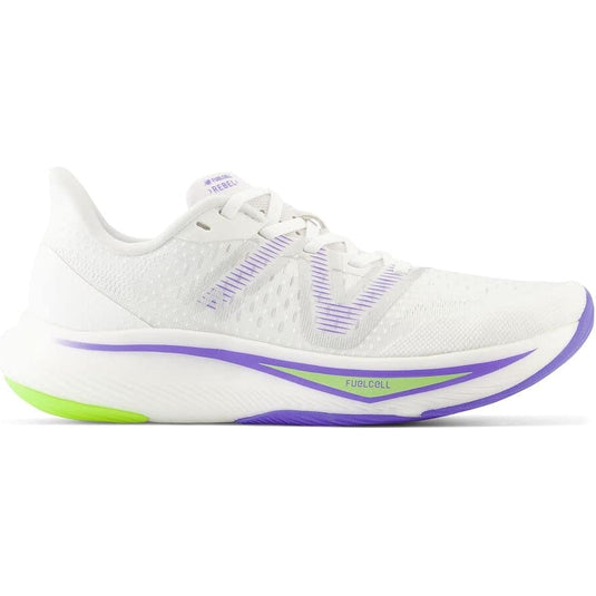 Women's New Balance FuelCell Rebel v3, White/Thirty Watt/Electric Indigo, 6.5 B Medium - Skoutley Outdoors LLC