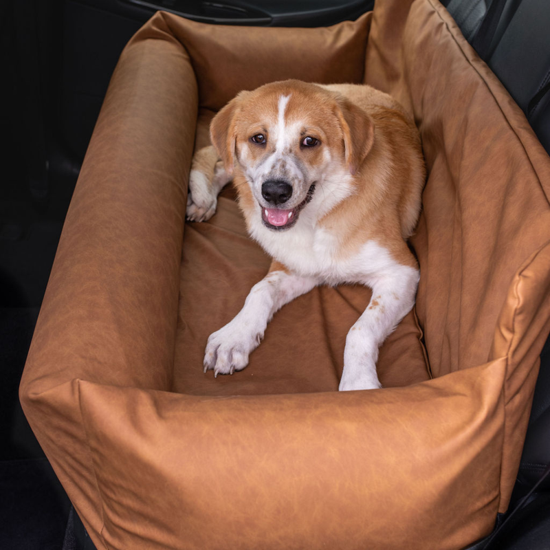Load image into Gallery viewer, PupProtector™ Faux Cool-to-Touch Vegan Leather Memory Foam Dog Car Bed - Camel
