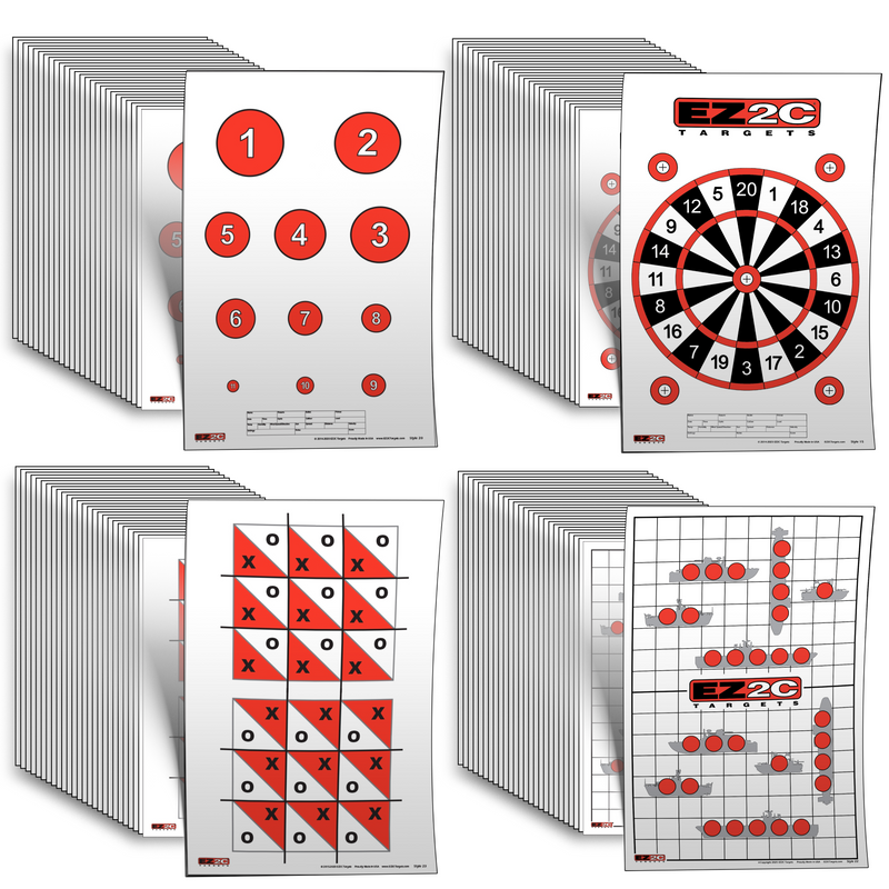 Load image into Gallery viewer, 40 EZ2C Targets: Four Fun Game Styles Paper Targets 11"x17" USA MADE