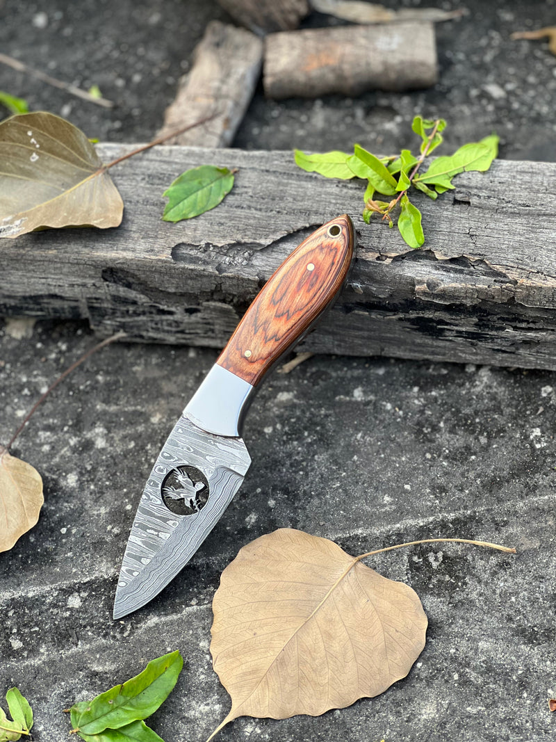 Load image into Gallery viewer, 8" Forged Damascus Skinner Knife with Wire-Cut Blade, Pakkawood & Steel Bolster Handle + Leather Sheath