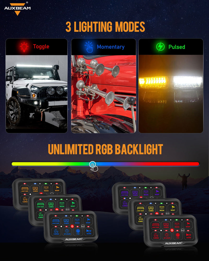 Load image into Gallery viewer, AR-820 RGB Switch Panel with APP, Toggle/ Momentary/ Pulsed Mode Supported (Two-Sided Outlet)