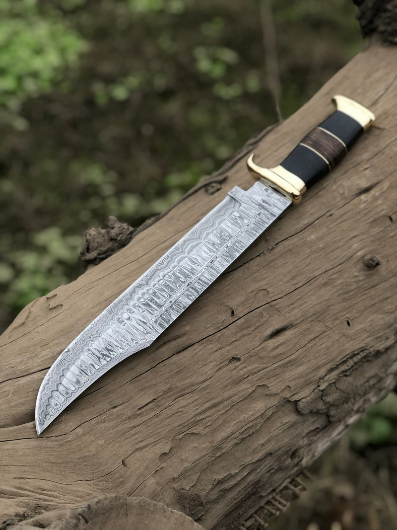 Load image into Gallery viewer, Authentic Crocodile Dundee Knife – 16” Handmade Damascus Steel Blade with Buffalo Horn or Leather Handle & Brass Guard + Leather Sheath
