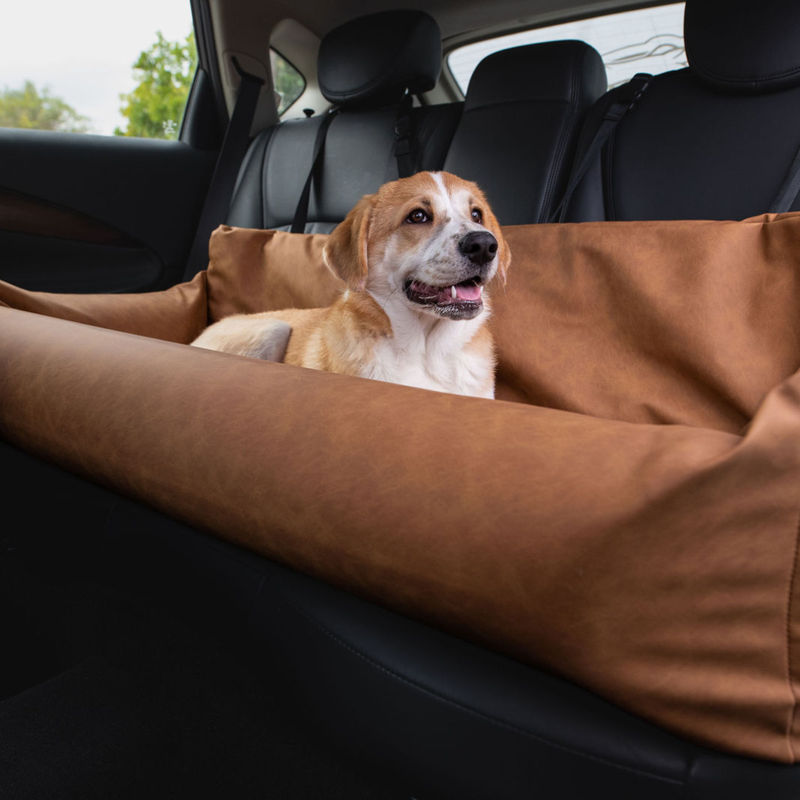 Load image into Gallery viewer, PupProtector™ Faux Cool-to-Touch Vegan Leather Memory Foam Dog Car Bed - Camel