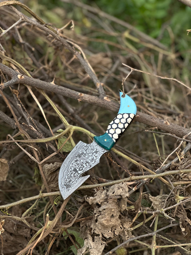 Load image into Gallery viewer, Custom Handmade Damascus Steel Guthook Skinning Knife – Resin Handle 7.5” with Leather Sheath