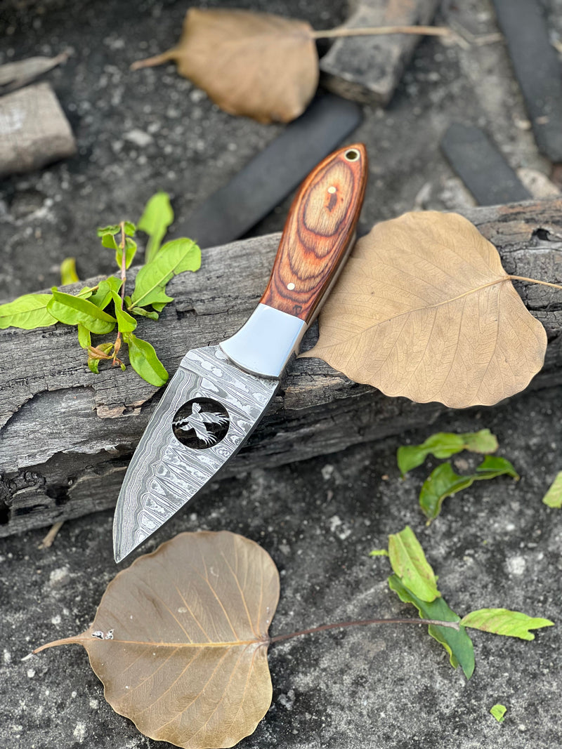 Load image into Gallery viewer, 8" Forged Damascus Skinner Knife with Wire-Cut Blade, Pakkawood & Steel Bolster Handle + Leather Sheath