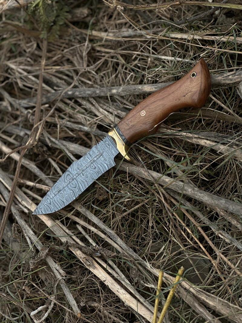 Load image into Gallery viewer, Hunting Blade – 10" Damascus Steel Knife with Rosewood Handle, Brass Guard & Leather Sheath