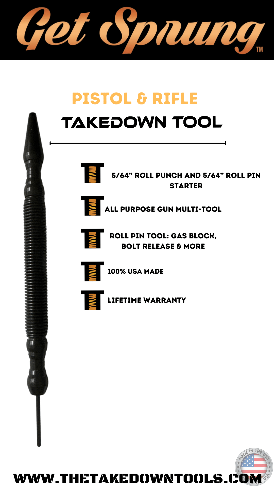 The Everything Tool:The Takedown Tools! 5/64” Roll Pin starter and a 5/64” roll pin punch. 100% USA MADE